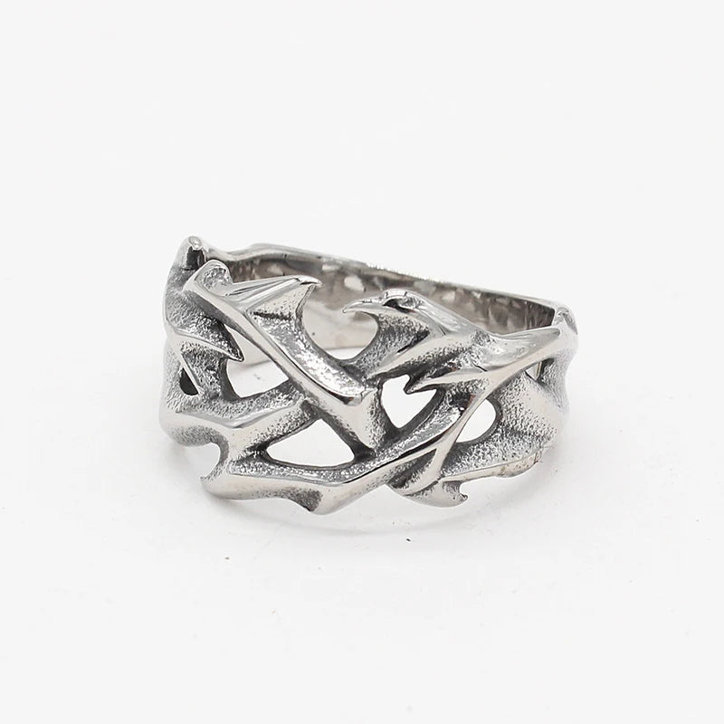 Vintage Punk Stainless Steel Crown of Thorns Ring for Men Women Hollow Out Design Jewelry