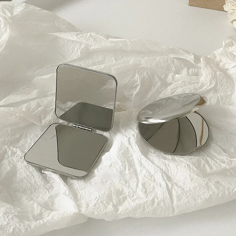 Portable Women Stainless Steel Pocket Makeup Mirror Small Folded Handheld Compact