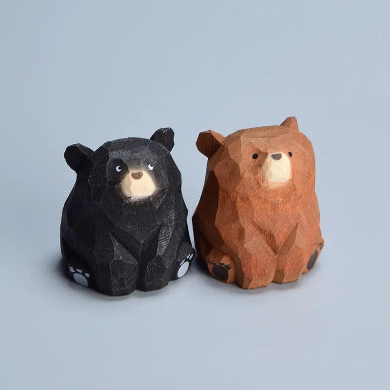 Wooden Bear Miniatures Set - Carved Solid Wood Figurines for Crafts & Decor
