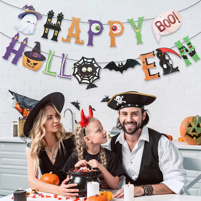 Halloween Paper Banner Hanging Garland Party Decorations - Spooky Festive Props