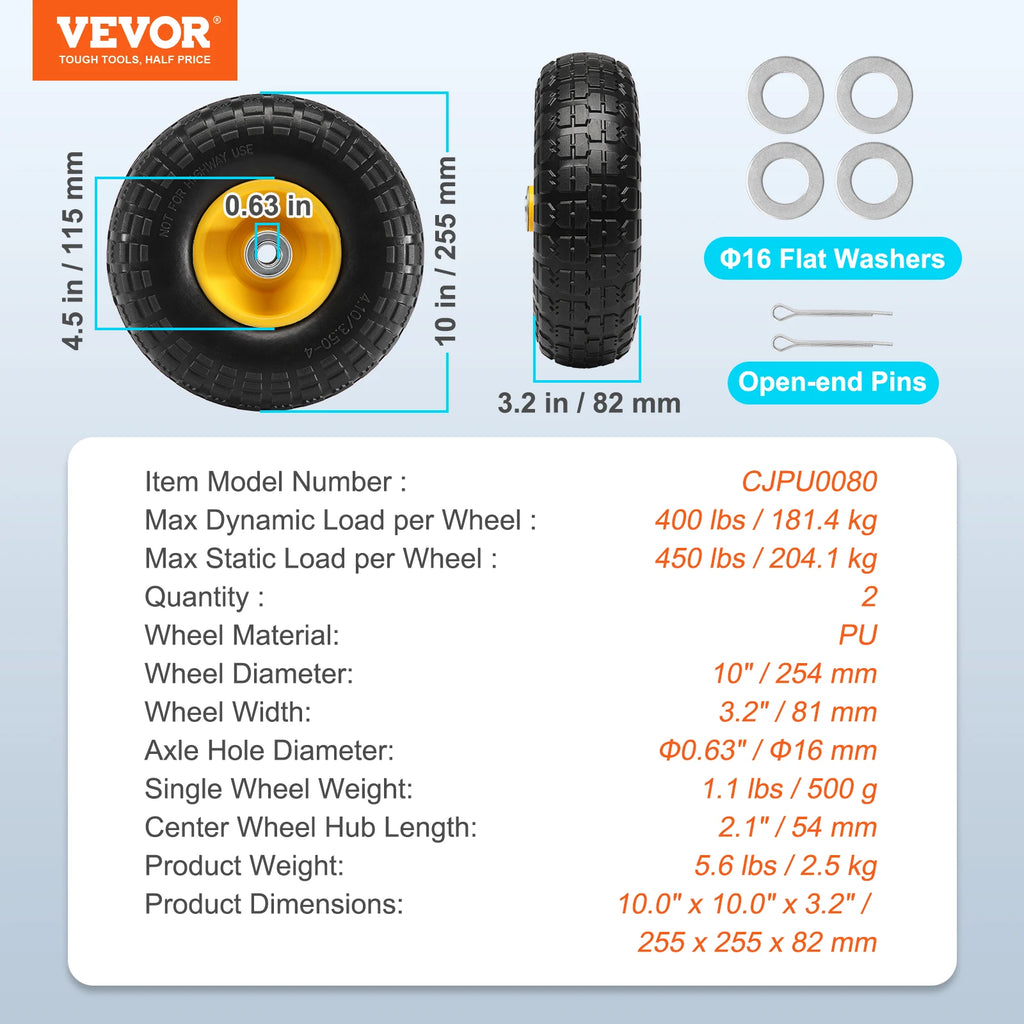 10-Inch Solid PU Run-Flat Tires and Wheels for Dollies Garden Trailers