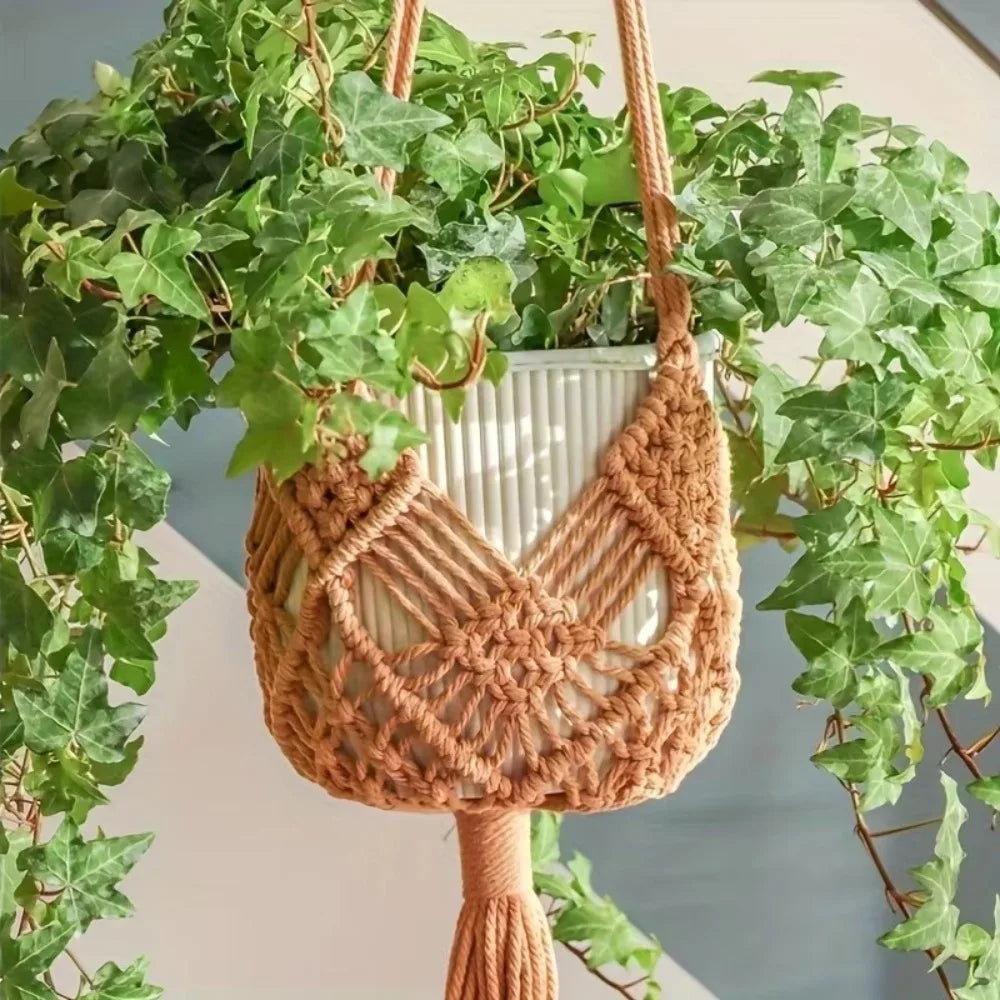 Boho Cotton Rope Plant Hanger with Net Pouch for Indoor Outdoor Gardens