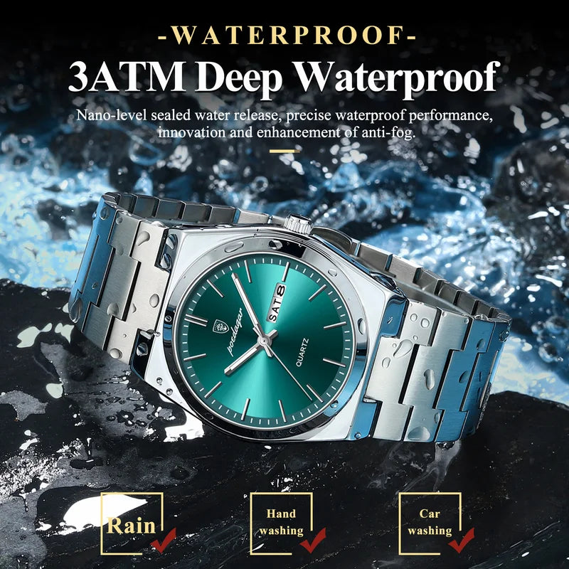 Men's Business Watch Stainless Steel Waterproof Luminous Quartz Wristwatch with Date