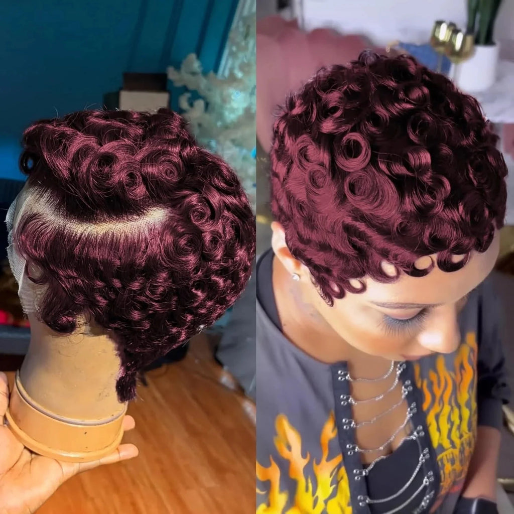 Short Curly Lace Front Human Hair Wig - Pixie Cut Style for Women
