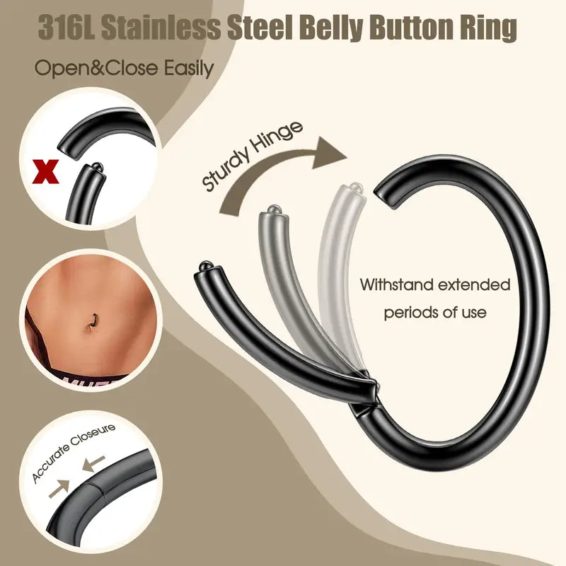 14G Stainless Steel Belly Button Ring with Clicker Hoop - Navel Piercing Jewelry