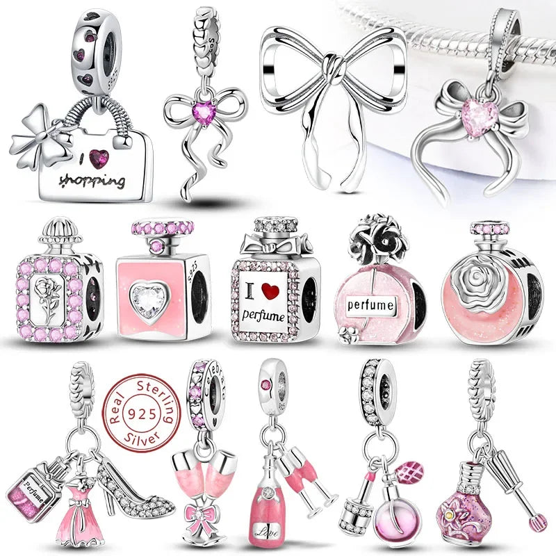 Sterling Silver Charm Beads with Bow and Perfume Bottle Design for DIY Jewelry Gifts