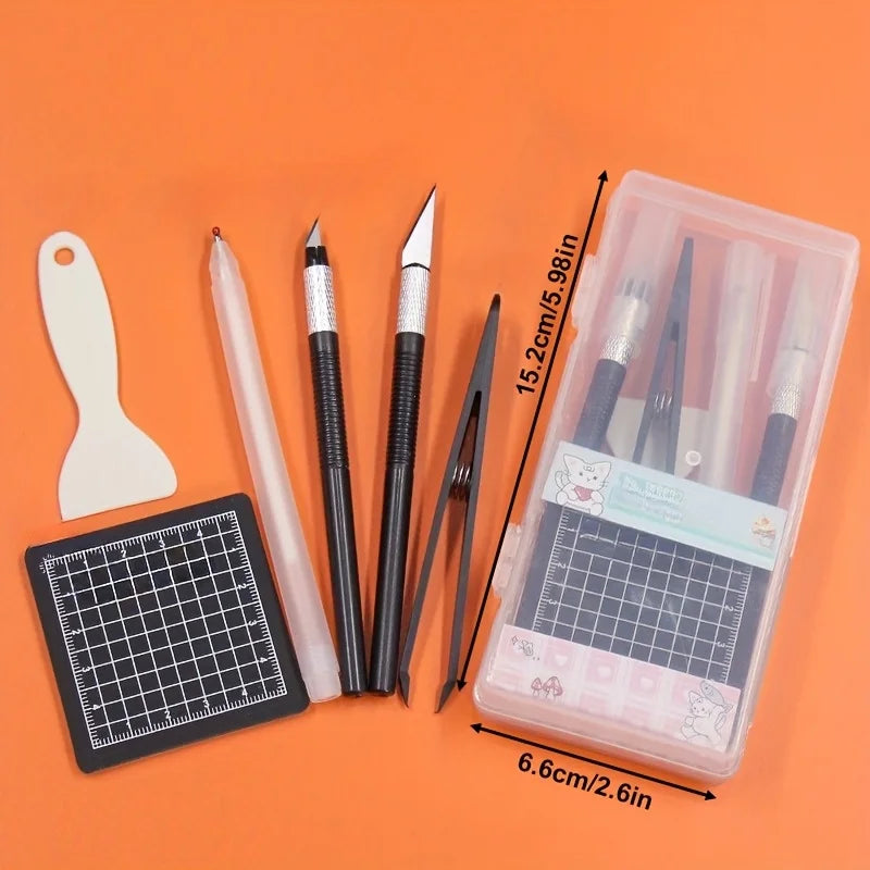 DIY Scrapbooking Tool Kit with Pen Carving Knife Tweezers Cutting Pad - Multi Color Options