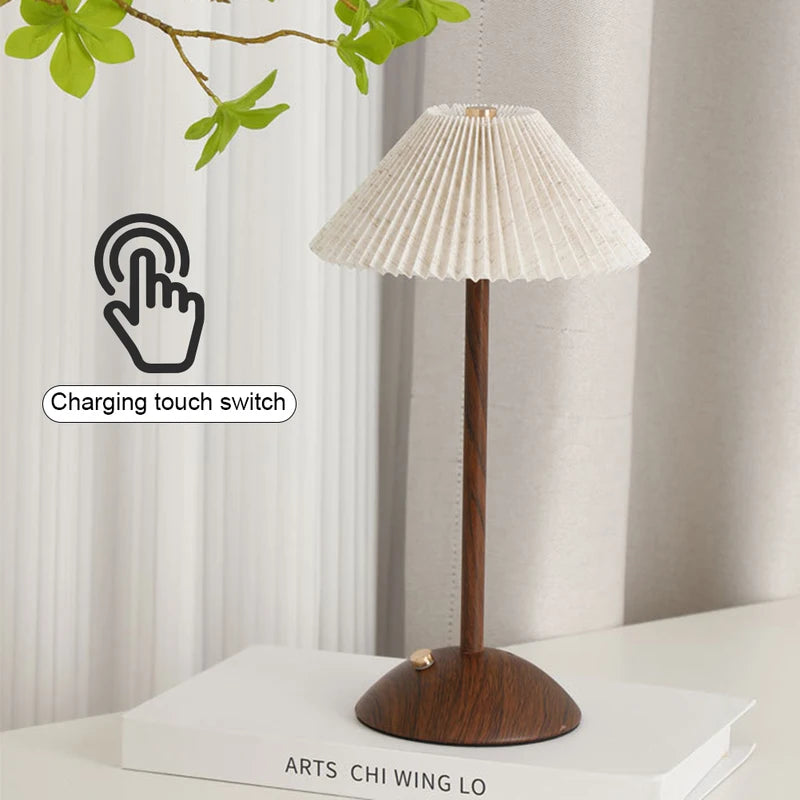 Portable LED Desk Lamp with Wooden Base and Fabric Shade - Rechargeable, Dimmable, Touch Control - Home Office Bedside