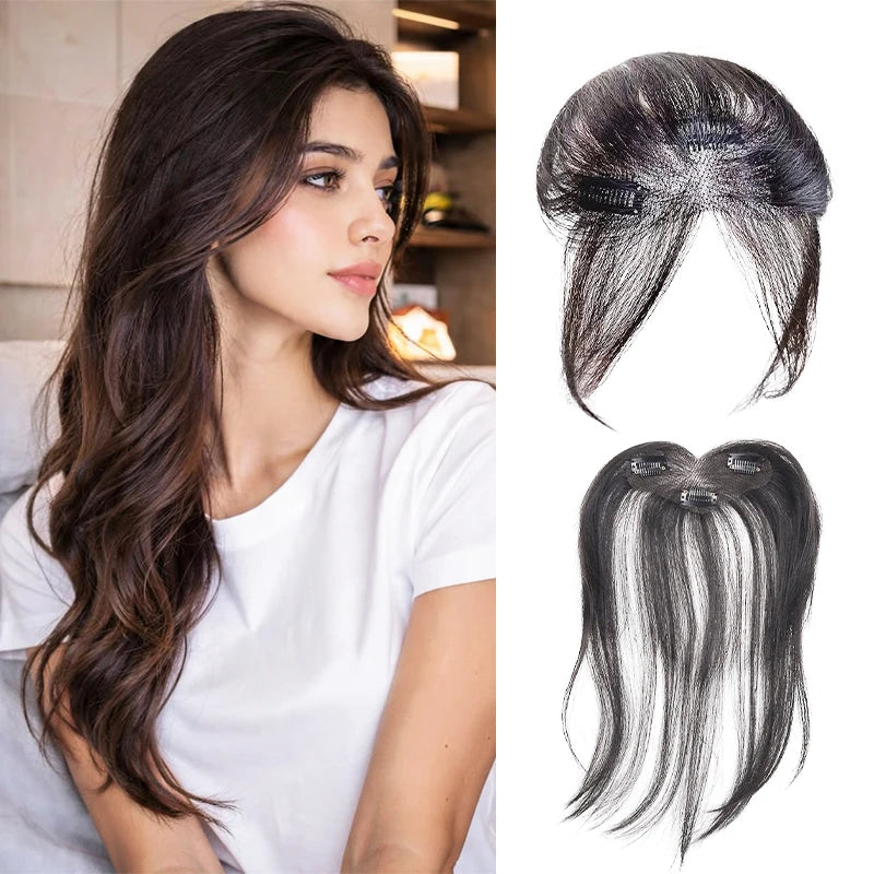 Synthetic Fiber Hair Topper with Middle Part & Baby Bangs - Clip-On Wig for Gray Coverage & Cheekbone Effect