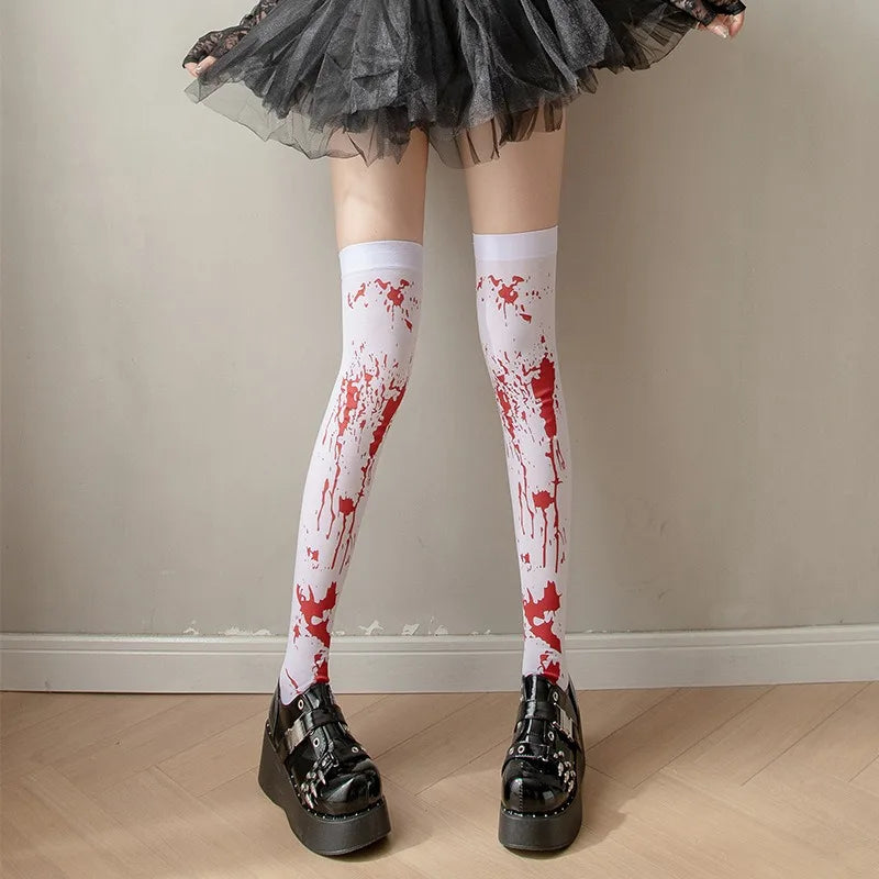 Halloween Bloodstained Bone Ghost Long Knee High Socks Cosplay Devil Girl Stockings