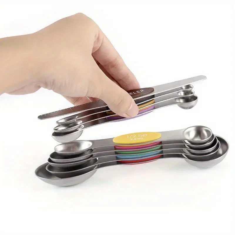 Stainless Steel Double-Headed Measuring Spoon Set with Magnetic Suction - 9 Pieces