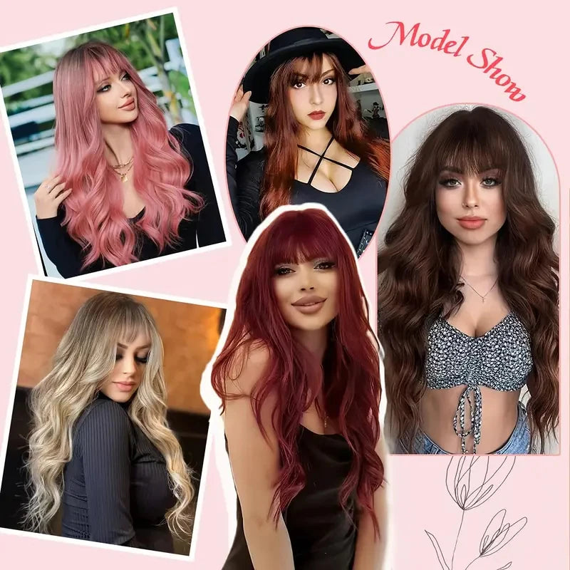 Synthetic Wig with Long Curly Hair and Bangs - Multiple Colors for Daily & Party Wear