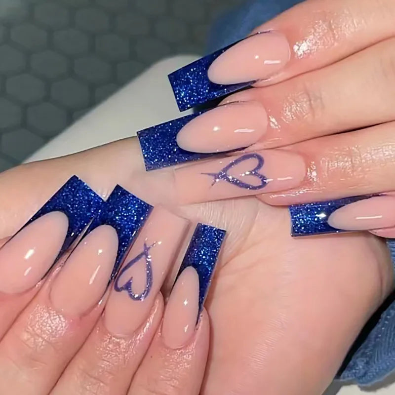 24Pcs Long Square French Fake Nail Tips with 3D Love Heart & Rhinestone Design