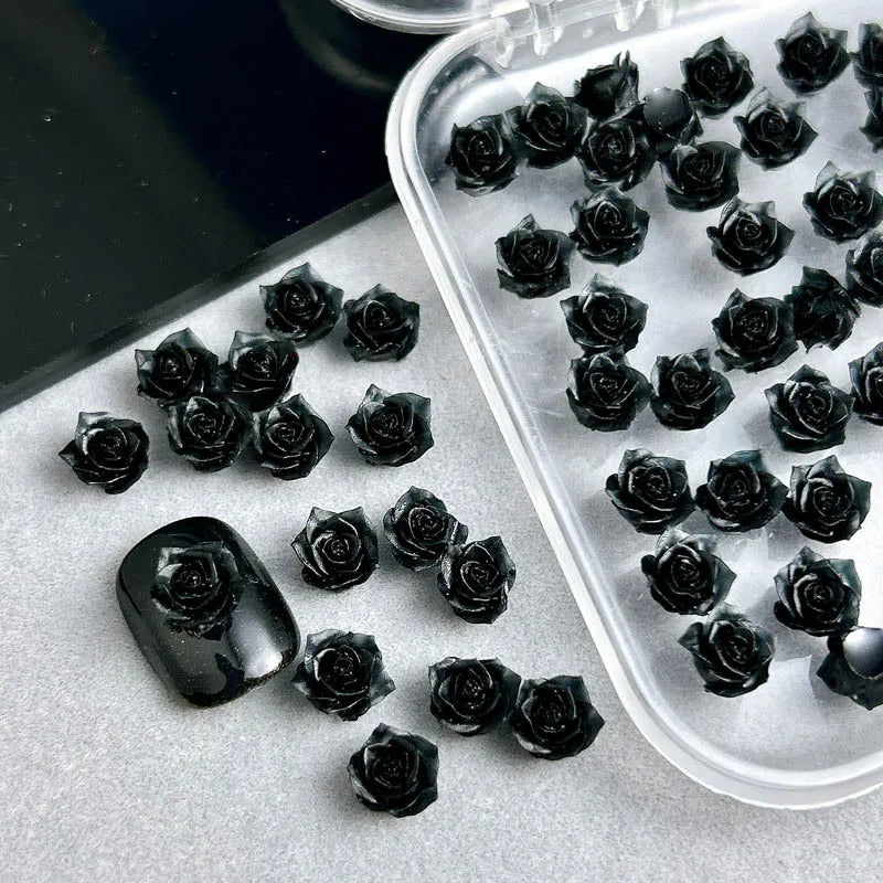 30PCS 3D Resin Black Rose Nail Art Decorations Minimalist Flower Charms for DIY Nails & Hairpins
