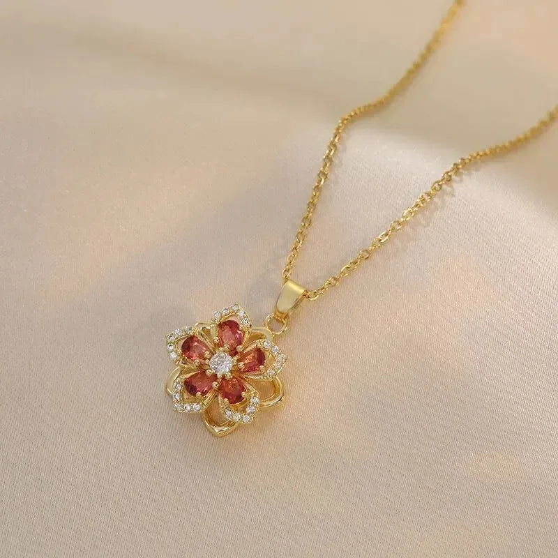 Luxury Zircon Flower Pendant Necklace for Women Gold Tone Chain Jewelry