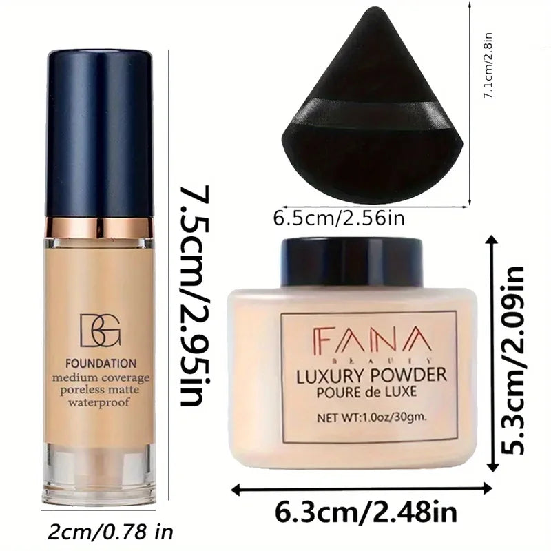 Matte Finish Oil-Control Foundation Powder Set with Puff - Long Lasting, Waterproof, Buildable Covering Dark Circles