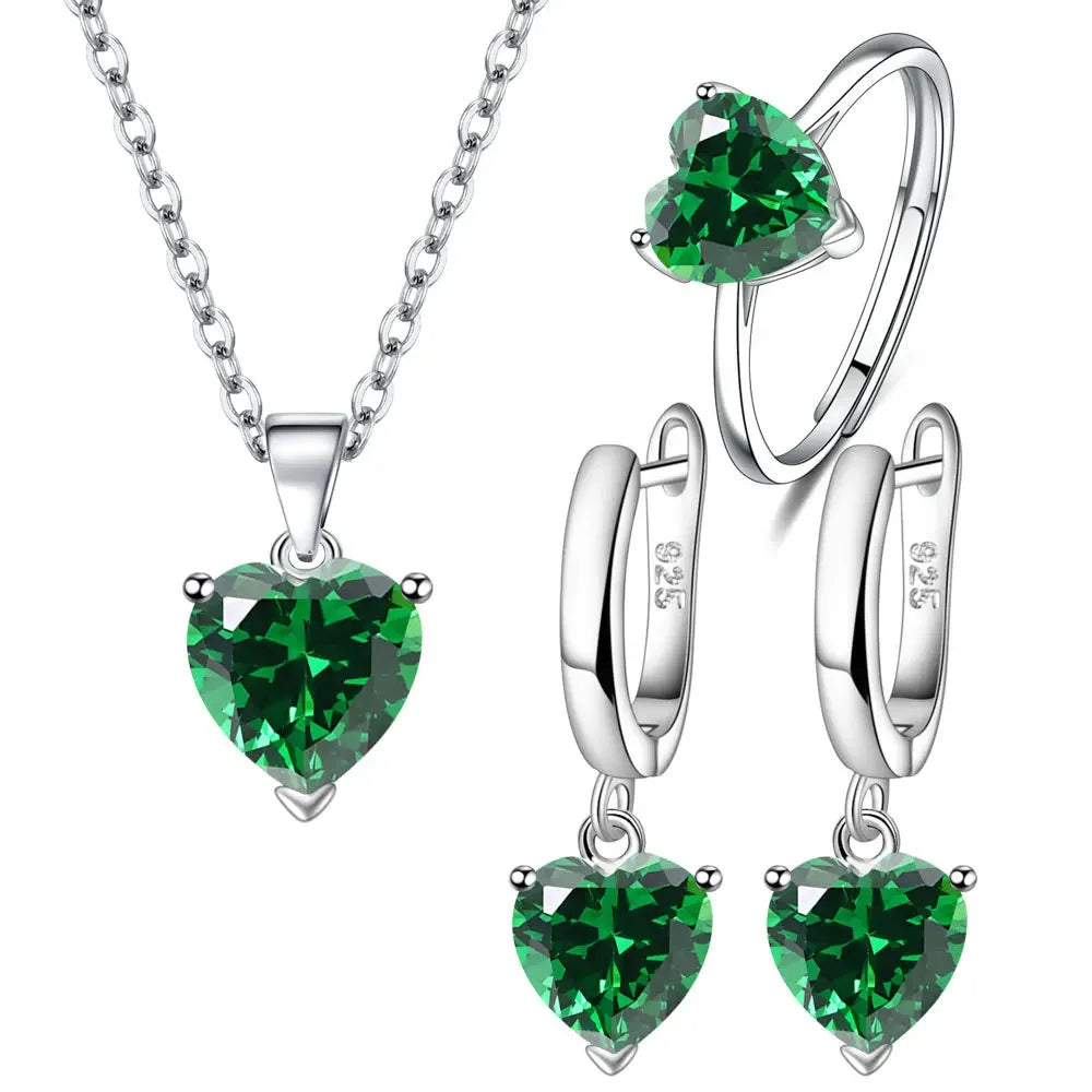 Sterling Silver Jewelry Set for Women Heart Zircon Ring Earrings Necklace Bridal Wedding
