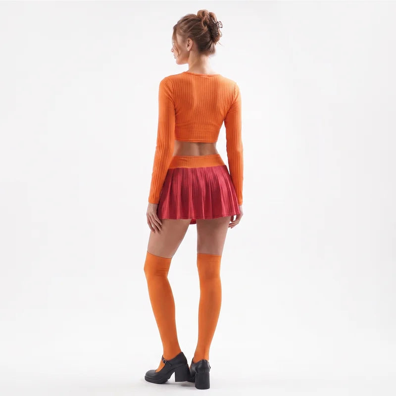 Halloween Velma Costume Set for Women - Crop Top, Pleated Skirt & Stockings, Party Outfit