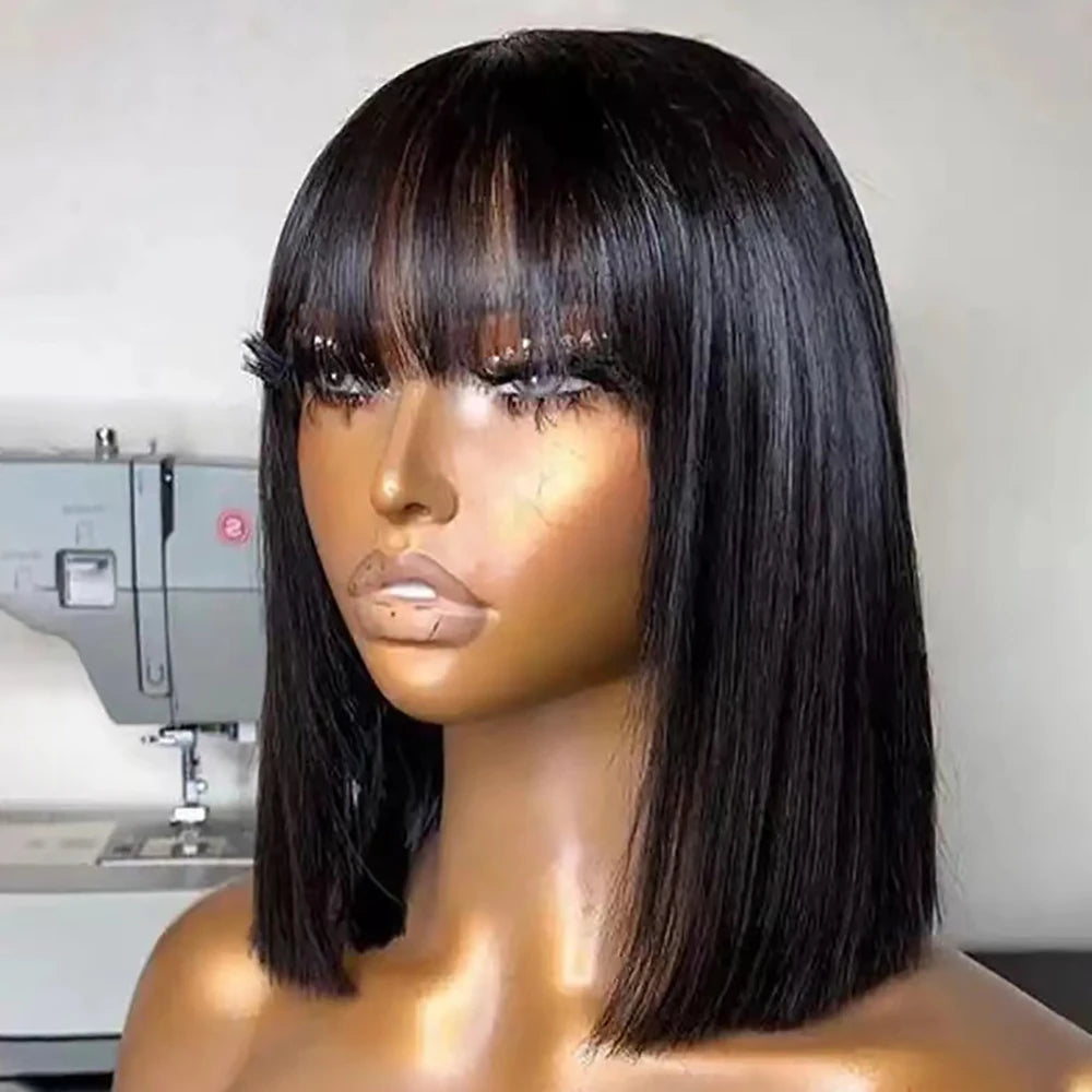 Short Bob Wig with Bangs - Human Hair, Straight, 180% Density for Women