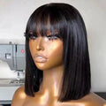 Short Bob Wig with Bangs - Human Hair, Straight, 180% Density for Women