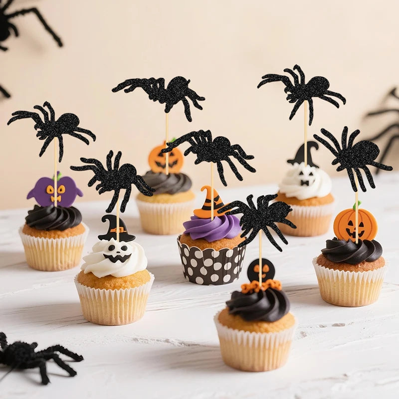 Halloween Spider Cupcake Decorations Set - 24 Glitter Toppers for Party Cakes