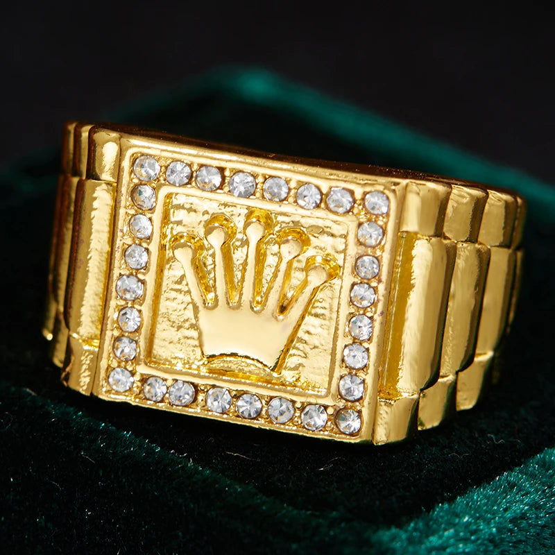 Luxury Men's Zircon Inlaid Gold Ring with Crown Pattern - Multiple Sizes