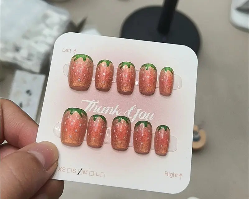 10pcs Short Fake Nails with Strawberry & Cat's Eye Design - Full Cover Press On Nails