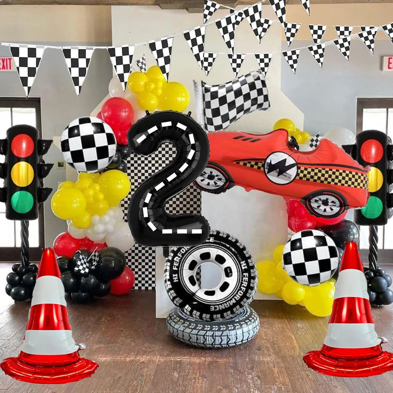 Race Car Birthday Decoration Balloon Set with Traffic Lights, Tires & Checkered Pennant for Kids Party