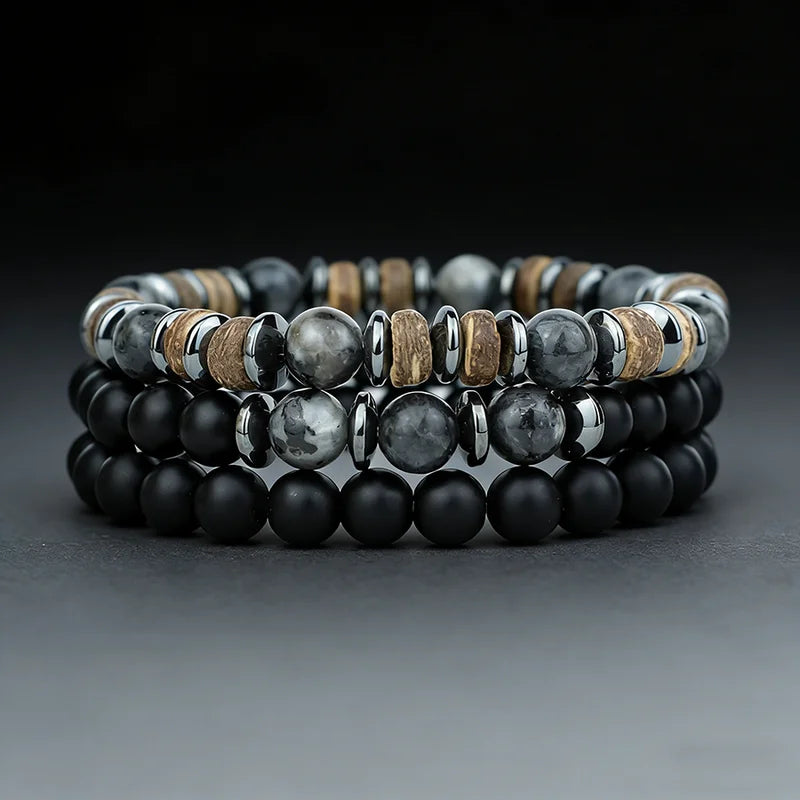 Natural Stone Men’s Beaded Bracelet Set - Onyx, Tiger Eye, Wooden Charm Gift