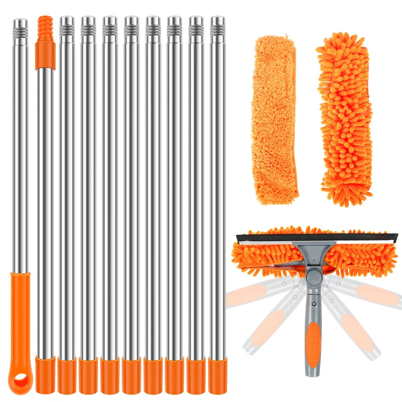 Extended Window Cleaning Kit with 2-in-1 Squeegee and Duster, 180° Swivel, Multiple Lengths
