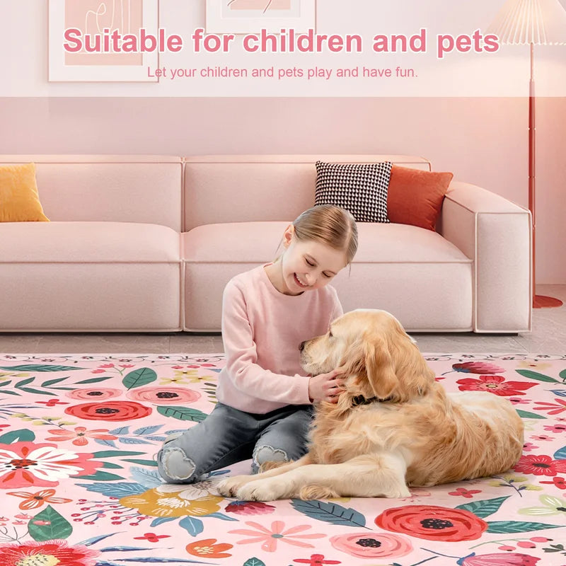 8x10 Indoor Washable Boho Floral Rug with Non-Slip Backing – Low Pile Carpet for Living Room & Bedroom