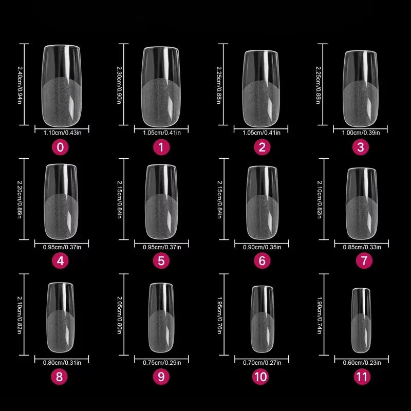 Artificial Square Nail Tips - Full Cover Gel Nails, 12 Sizes, Soft Transparent