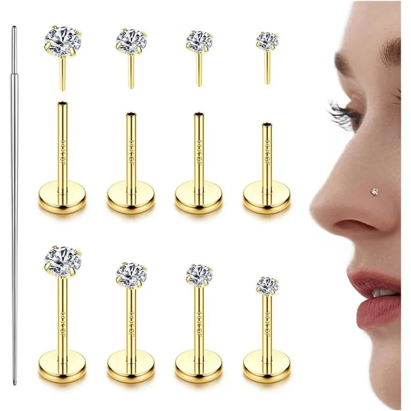 14K Gold Plated Nose Studs and CZ Nose Rings Set for Women Men - Hypoallergenic Piercing Jewelry