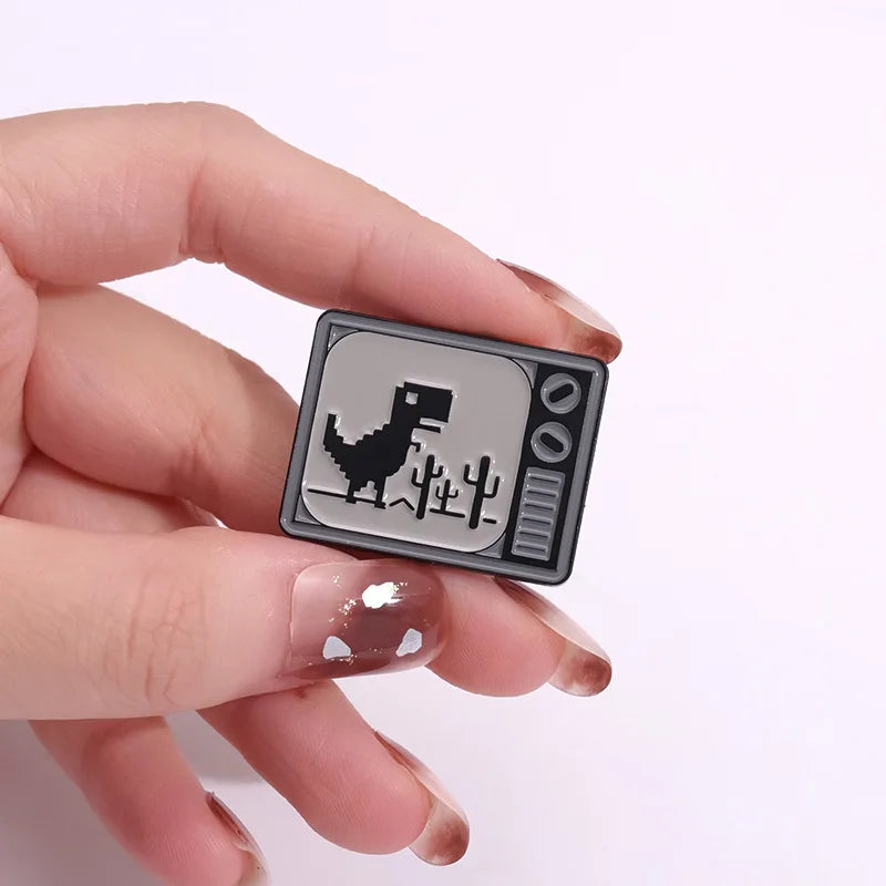 Cartoon Dinosaur Pin Badge - Retro Pixel Enamel Brooch for Clothing & Bags