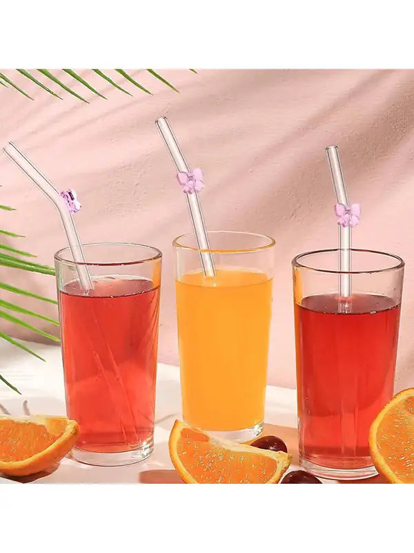 Reusable Glass Straw with Bow Design & Cleaning Brush - Set of 7 for Coffee, Smoothies, Drinks