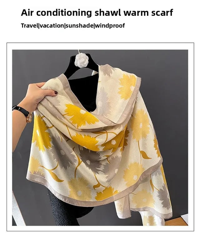 Women’s Versatile Cotton Linen Long Shawl with Silk Scarf