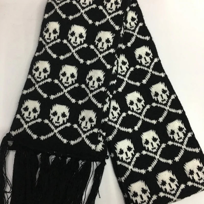 Gothic Halloween Skull Scarf for Women Men - Dark Knit Wrap with Tassels and Fringes
