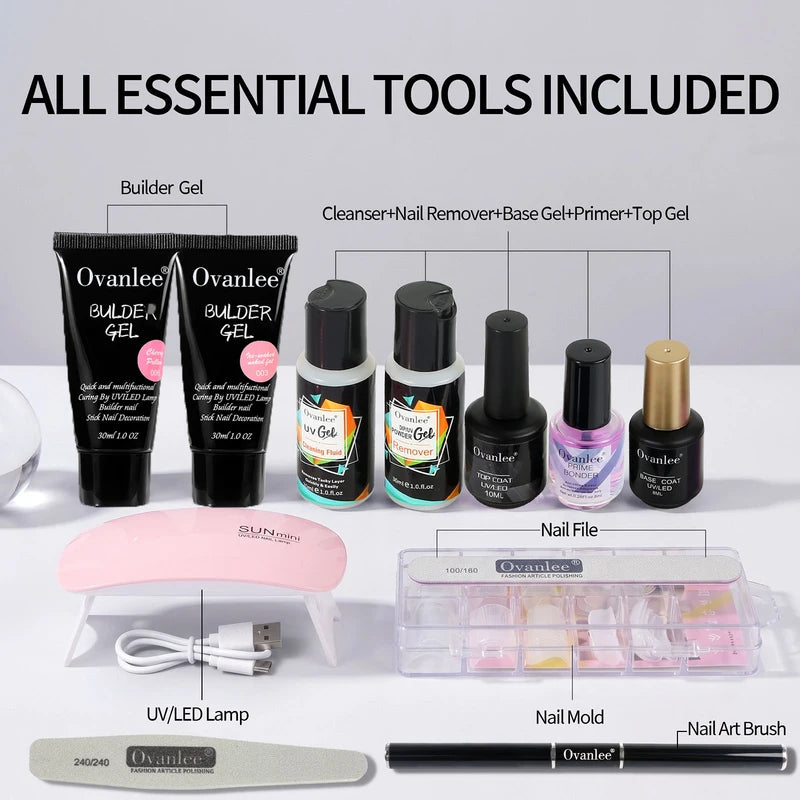 Nail Extension Builder Gel Kit with UV/LED Lamp - All-in-One DIY Manicure Set