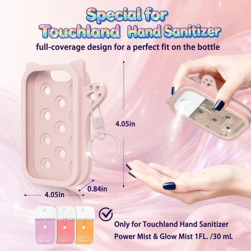 Portable Hand Sanitizer Mist Case with Keyring, Silicone Cat Design, Fits 30ml Spray, Multiple Colors