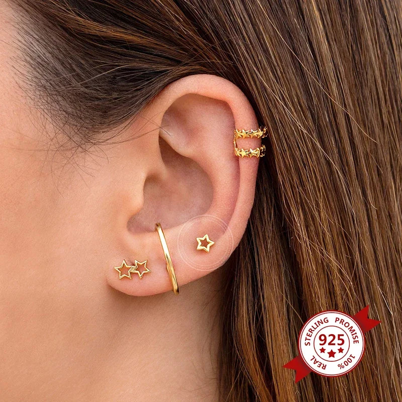 925 Sterling Silver Small Stud Earrings for Women Heart Star Moon Geometry Jewelry
