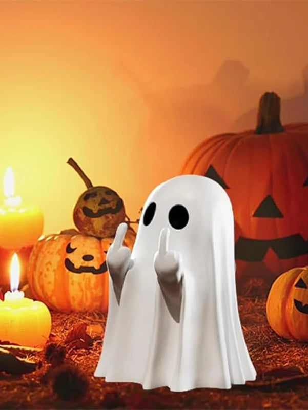 Halloween Ghost Statue - Cute & Terrifying Middle Finger Ghost Decor, Small Resin Figurine