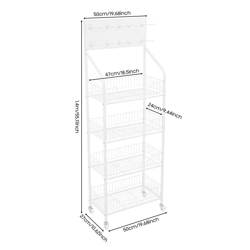 4-Tier Metal Retail Display Rack with Hooks and Baskets - White, Adjustable Heavy Duty Storage Shelf for Store & Supermarket