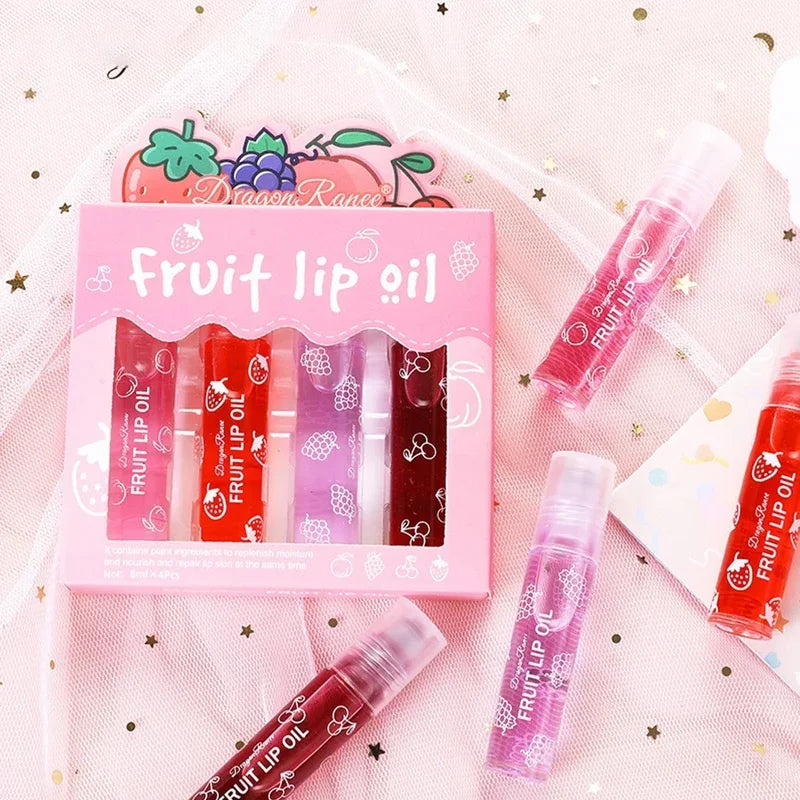 Fruit Lip Oil Set with 4 Tubes - Hydrating & Shiny Lip Moisturizer for Teen Girls