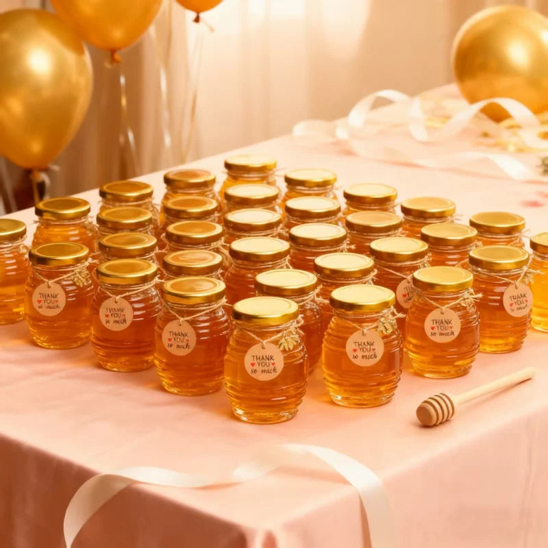 Mini Glass Honey Jar Set with Gold Lids and Accessories - 70ml, Multiple Colors