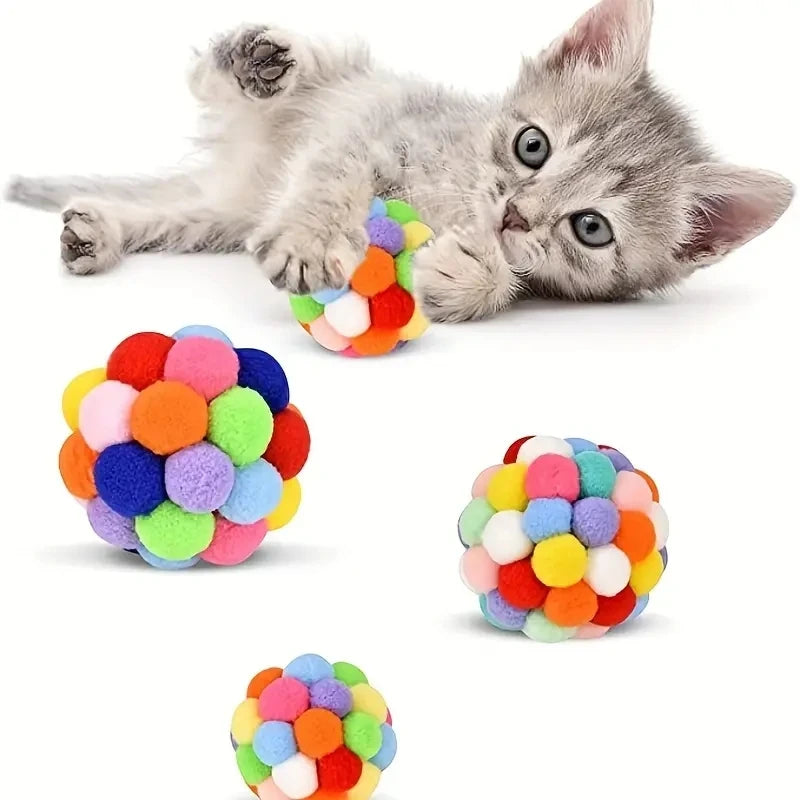 Colorful Plush Ball Cat Toy Set - Self-Playing Woolen and Bell Balls for Cats