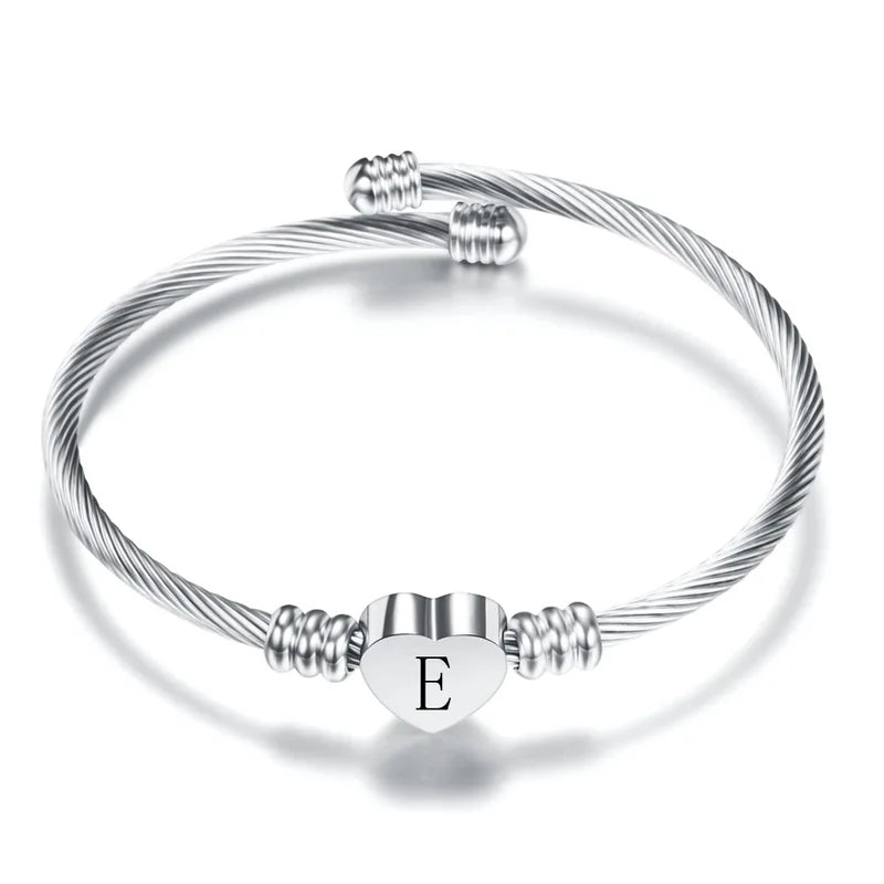 Initial Letter Alphabet Heart Charm Cuff Bracelet for Women - Stainless Steel Jewelry