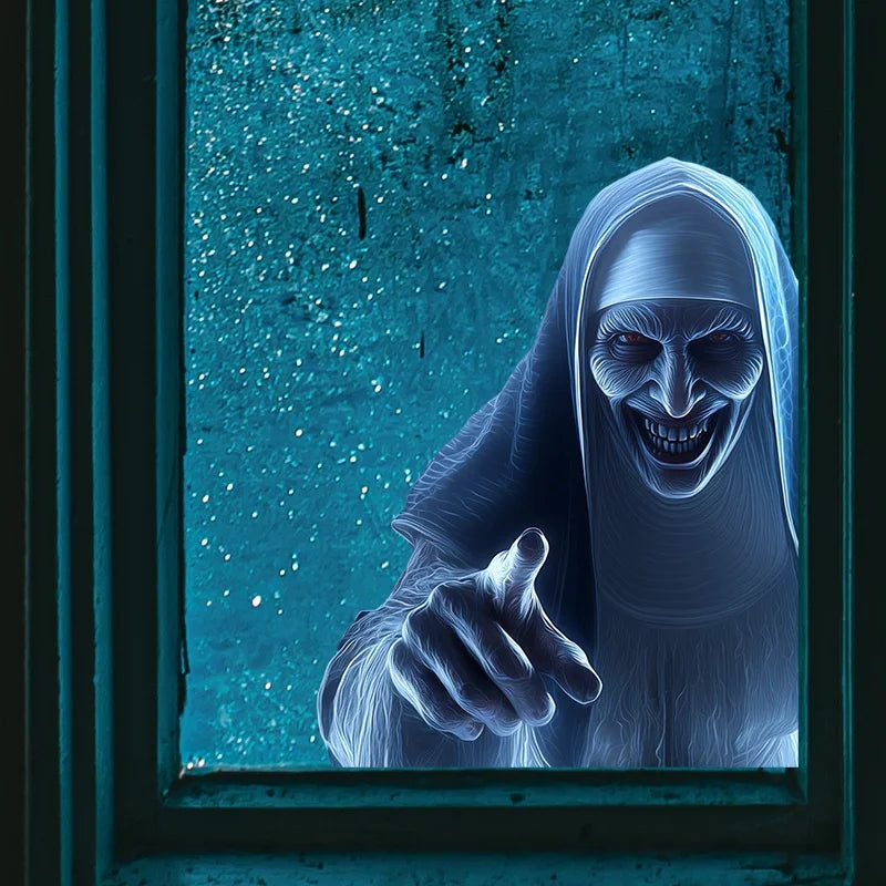 Halloween Zombie Nun Window Stickers - Evil Smile Vinyl Decals for Indoor Party Decor