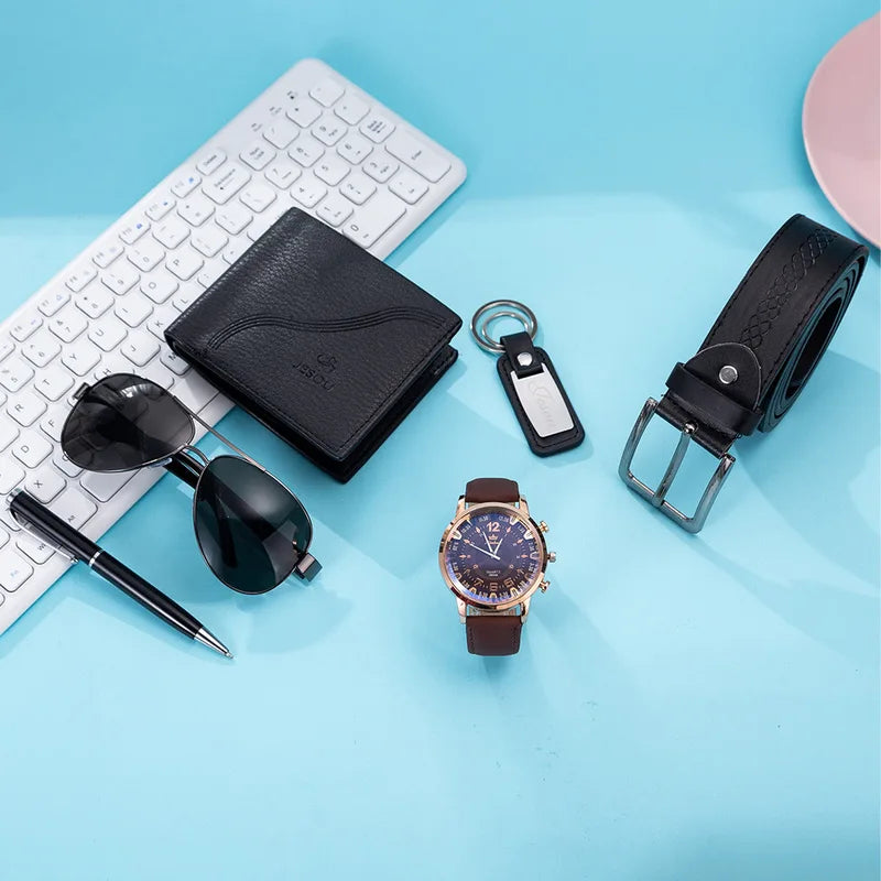 Men Gift Set Quartz Watch Sunglasses Wallet Keychain Pen Belt Accessories - 6pcs