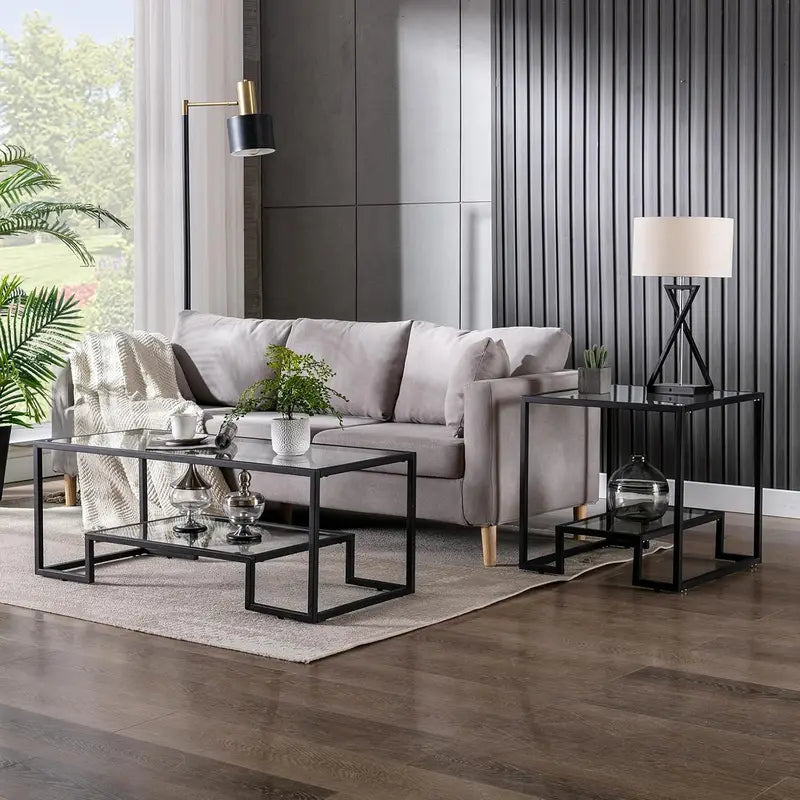 Glass 3-Piece Coffee Table Set with Tempered Top & Black Metal Frame, Storage Shelf, Modern Living Room Furniture