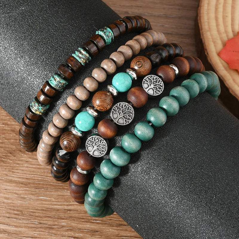 Vintage Ethnic Wooden Beaded Bracelets for Men Multi-Layer Jewelry with Turquoise and Nature Stones